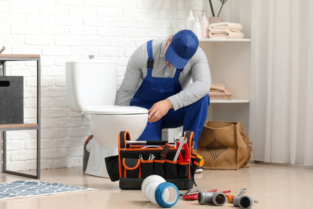 A plumber fixing a toilet in a bathroom.